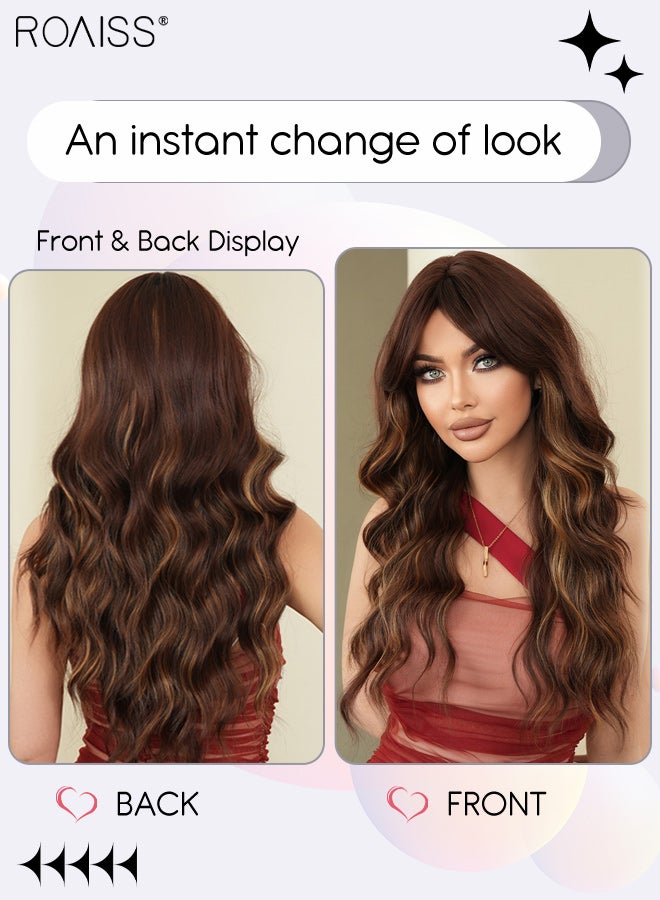 roaiss Brown Wavy Hair Wig with Gold Highlights Wavy Hair Wig, Women's Middle Parting Natural Soft Synthetic Heat Resistant Hair Wig for Wedding Cosplay Party Daily Use, 67cm (26 inches) - Image 2
